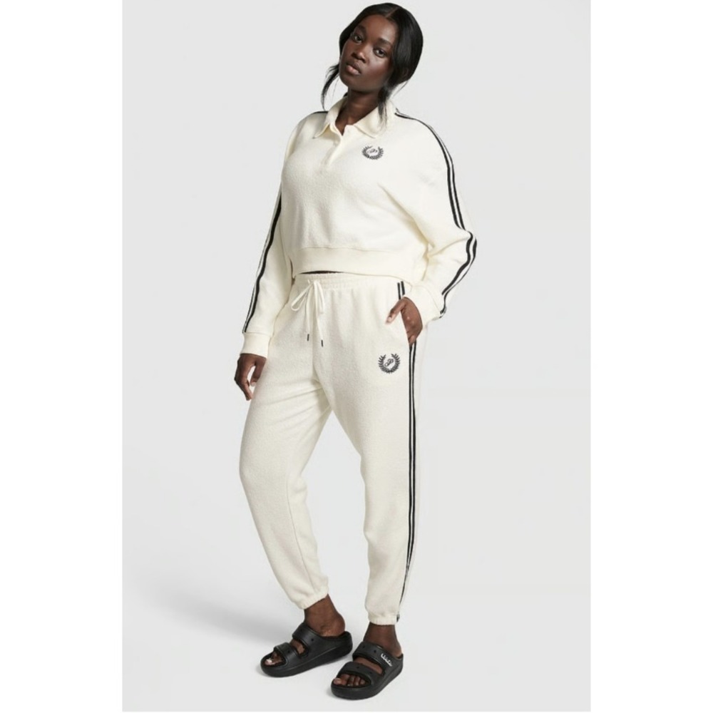 Victorias Secret PINK Fleece Set Size XXL Sweatshirt High Waist Jogger Cream NEW